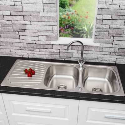 Arciflo Stainless Steel 2 Bowl Double Kitchen Sink Right Hand RH Drainer Inset Basket Waste