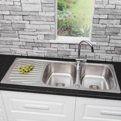Arciflo Stainless Steel 2 Bowl Double Kitchen Sink Right Hand RH Drainer Inset Basket Waste