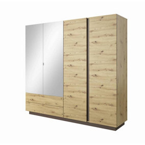 Arco Contemporary 4 Hinged Door Wardrobe 7 Shelves 2 Drawers 1 Rail Artisan Oak Effect (H)2040mm (W)2200mm (D)540mm