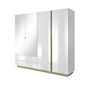 Arco Contemporary 4 Hinged Door Wardrobe 7 Shelves 2 Drawers 1 Rail White Gloss (H)2040mm (W)2200mm (D)540mm
