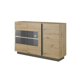 Arco Contemporary Display Sideboard Cabinet 3 Hinged Doors 2 Shelves Oak Artisan Effect & Graphite (H)910mm (W)1380mm (D)400mm