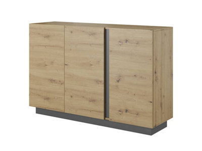 Arco Contemporary Sideboard Cabinet 3 Hinged Doors 2 Shelves Oak Artisan Effect & Graphite (H)910mm (W)1380mm (D)400mm