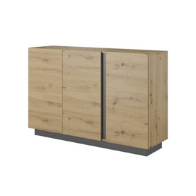 Arco Contemporary Sideboard Cabinet 3 Hinged Doors 2 Shelves Oak Artisan Effect & Graphite (H)910mm (W)1380mm (D)400mm