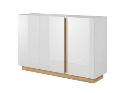 Arco Contemporary Sideboard Cabinet 3 Hinged Doors 2 Shelves White Gloss & Oak Grandson Effect (H)910mm (W)1380mm (D)400mm