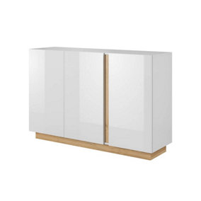 Arco Contemporary Sideboard Cabinet 3 Hinged Doors 2 Shelves White Gloss & Oak Grandson Effect (H)910mm (W)1380mm (D)400mm