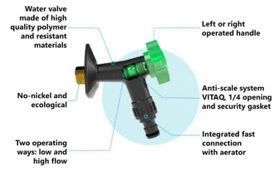 Arco Green Handle Garden Tap Low/High Flow Patio Mode Faucet Anti-Calc System - 3