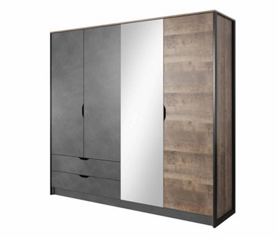 Arden Contemporary 4 Mirrored Hinged Door Wardrobe 4 Shelves 2 Drawers 2 Rails Grande Oak Effect (H)2050mm (W)2200mm (D)560mm