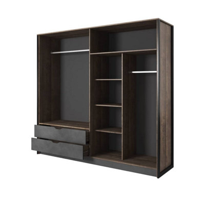 Arden Contemporary 4 Mirrored Hinged Door Wardrobe 4 Shelves 2 Drawers 2 Rails Grande Oak Effect (H)2050mm (W)2200mm (D)560mm