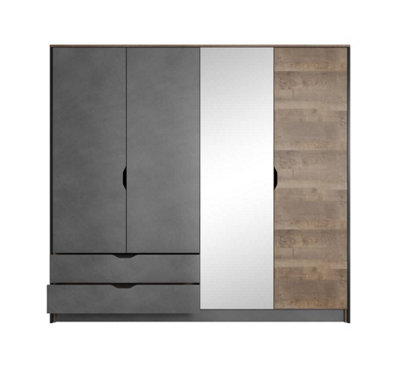 Arden Contemporary 4 Mirrored Hinged Door Wardrobe 4 Shelves 2 Drawers 2 Rails Grande Oak Effect (H)2050mm (W)2200mm (D)560mm