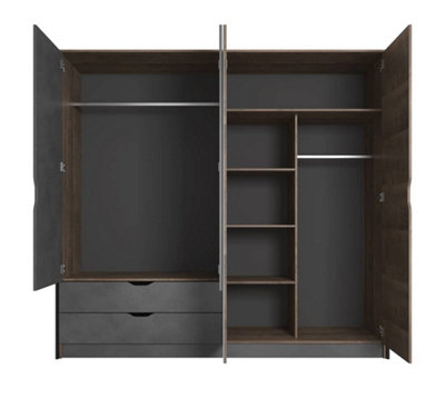 Arden Contemporary 4 Mirrored Hinged Door Wardrobe 4 Shelves 2 Drawers 2 Rails Grande Oak Effect (H)2050mm (W)2200mm (D)560mm
