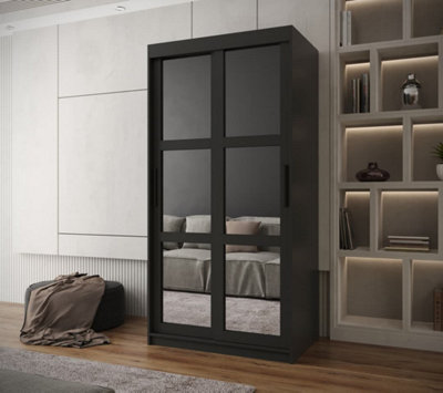 Arendal I Mirrored Panel Sliding Door Wardrobe (H2000mm W1000mm D620mm) - Black Matt