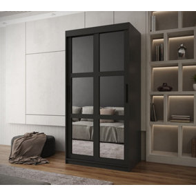 Arendal I Mirrored Panel Sliding Door Wardrobe (H2000mm W1000mm D620mm) - Black Matt