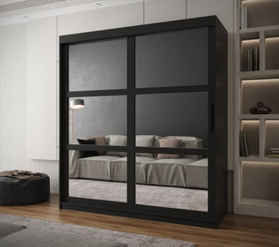 Arendal I Mirrored Panel Sliding Door Wardrobe (H2000mm W1800mm D620mm) - Black Matt