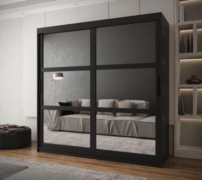 Arendal I Mirrored Panel Sliding Door Wardrobe (H2000mm W2000mm D620mm) - Black Matt