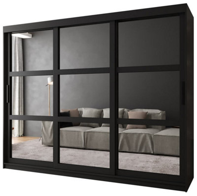 Arendal I Mirrored Panel Sliding Door Wardrobe (H2000mm W2500mm D620mm) - Black Matt