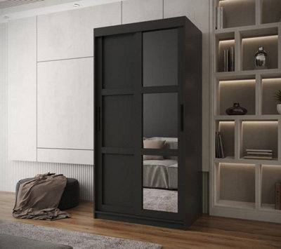 Arendal III  Mirrored  Sliding Door Wardrobe with Panel Doors (H2000mm W1000mm D620mm) - Black Matt