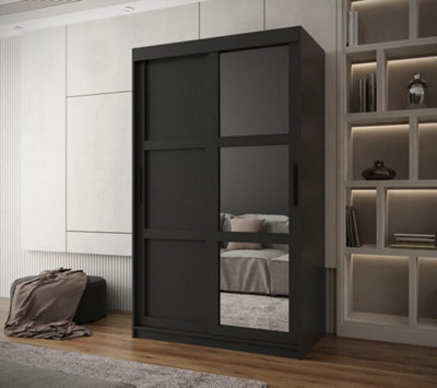 Arendal III  Mirrored  Sliding Door Wardrobe with Panel Doors (H2000mm W1200mm D620mm) - Black Matt