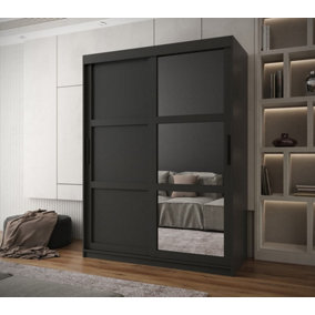 Arendal III  Mirrored  Sliding Door Wardrobe with Panel Doors (H2000mm W1500mm D620mm) - Black Matt