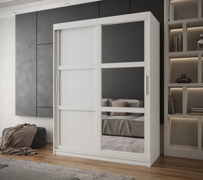 Arendal III  Mirrored  Sliding Door Wardrobe with Panel Doors (H2000mm W1500mm D620mm) - White Matt