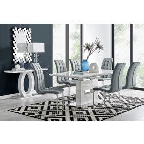 AREZZO White High Gloss Extending Dining Table & 6 Elephant Grey Murano Faux Leather Dining Chairs