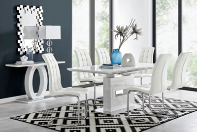 AREZZO White High Gloss Extending Dining Table & 6 White Murano Faux Leather Dining Chairs