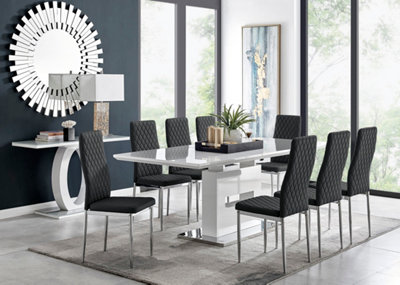 AREZZO White High Gloss Extending Dining Table & 8 Black Milan Faux Leather Dining Chairs