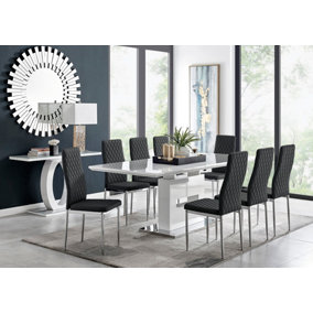 AREZZO White High Gloss Extending Dining Table & 8 Black Milan Faux Leather Dining Chairs