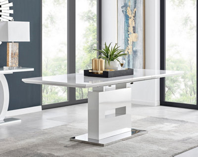 AREZZO White High Gloss Extending Dining Table & 8 Black Milan Faux Leather Dining Chairs