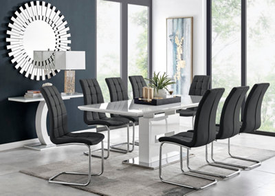 AREZZO White High Gloss Extending Dining Table & 8 Black Murano Faux Leather Dining Chairs