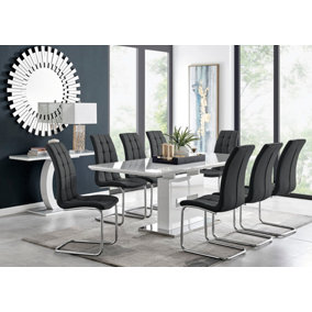 AREZZO White High Gloss Extending Dining Table & 8 Black Murano Faux Leather Dining Chairs