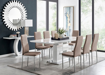 AREZZO White High Gloss Extending Dining Table & 8 Cappuccino Beige Milan Faux Leather Dining Chairs