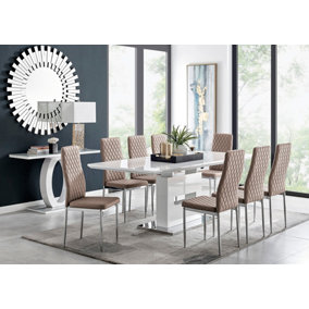 AREZZO White High Gloss Extending Dining Table & 8 Cappuccino Beige Milan Faux Leather Dining Chairs