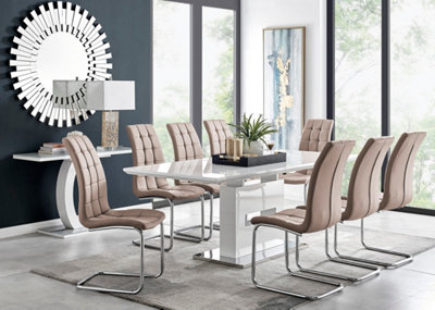 AREZZO White High Gloss Extending Dining Table & 8 Cappuccino Beige Murano Faux Leather Dining Chairs