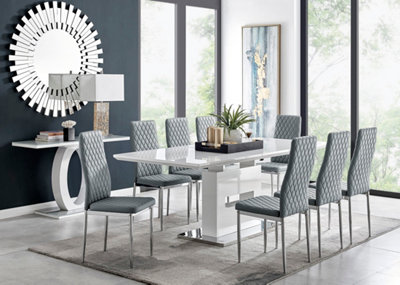 AREZZO White High Gloss Extending Dining Table & 8 Elephant Grey Milan Faux Leather Dining Chairs