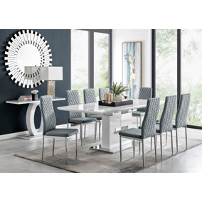 AREZZO White High Gloss Extending Dining Table & 8 Elephant Grey Milan Faux Leather Dining Chairs