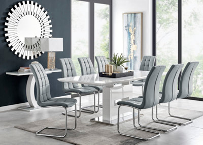 AREZZO White High Gloss Extending Dining Table & 8 Elephant Grey Murano Faux Leather Dining Chairs