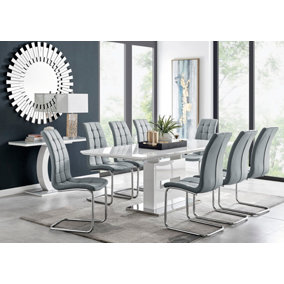 AREZZO White High Gloss Extending Dining Table & 8 Elephant Grey Murano Faux Leather Dining Chairs