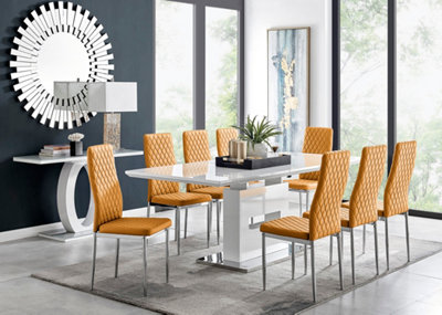 AREZZO White High Gloss Extending Dining Table & 8 Mustard Yellow Milan Faux Leather Dining Chairs