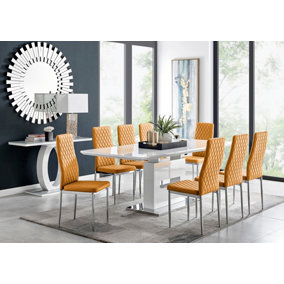AREZZO White High Gloss Extending Dining Table & 8 Mustard Yellow Milan Faux Leather Dining Chairs