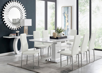 AREZZO White High Gloss Extending Dining Table & 8 White Milan Faux Leather Dining Chairs