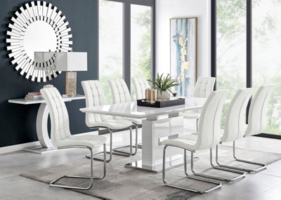 AREZZO White High Gloss Extending Dining Table & 8 White Murano Faux Leather Dining Chairs