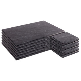 Argon Tableware 12pc Black Marble Placemats & Square Coasters Set - Stone Rectangular Dining Serving Tray & Placemat