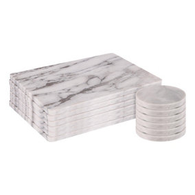 Argon Tableware - 12pc White Marble Placemats & Round Coasters Set - Stone Rectangular Dining Serving Tray & Placemat
