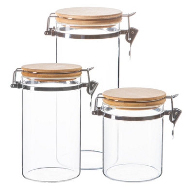 Argon Tableware 3 Piece Glass Storage Jars Set with Wooden Clip Lids ...
