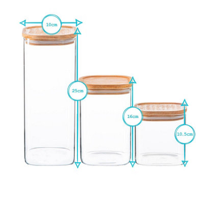 Argon Tableware 3 Piece Square Glass Storage Jars Set with Wooden Lids