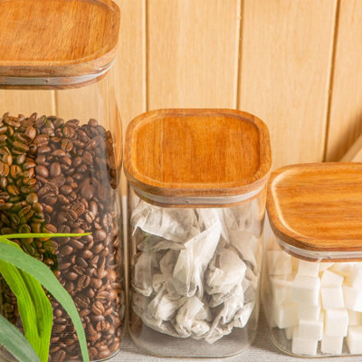 Argon Tableware 3 Piece Square Glass Storage Jars Set with Wooden Lids