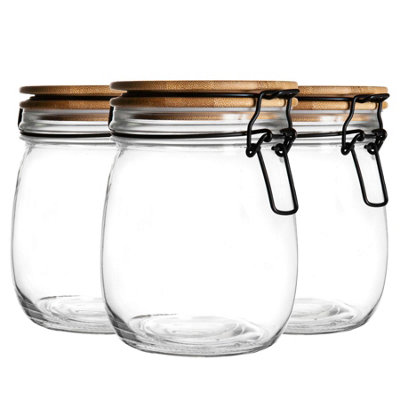 Argon Tableware 3x Glass Storage Jars - Wooden Clip Lid - 750ml ...