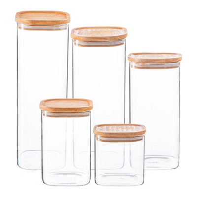 Argon Tableware 5 Piece Square Glass Storage Jars Set with Wooden Lids