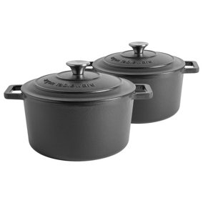 Argon Tableware - Cast Iron Casserole Enameled Oven Dish Set - 4.5 Litre - Pack of 2 - Matte Black