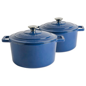 Argon Tableware - Cast Iron Casserole Enameled Oven Dish Set - 4.5 Litre - Pack of 2 - Midnight Blue